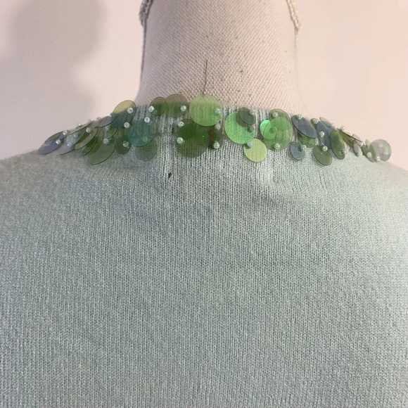 Y2K Blue Cardigan Sweater with Large Sequin Trim in Green Long Sleeve Size Small - Picture 7 of 10